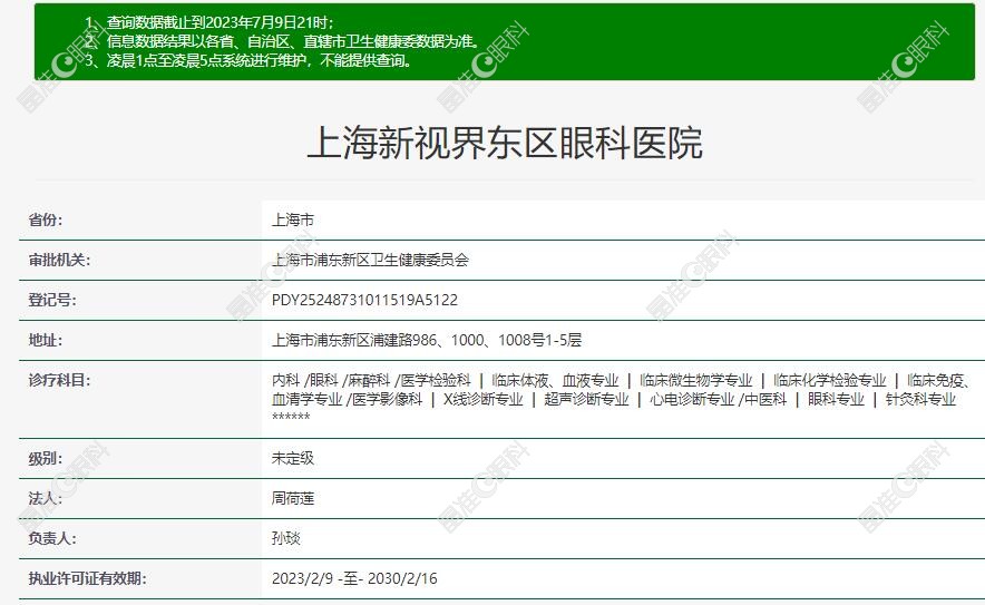 上海新视界东区眼科医院在卫健委上登记的信息