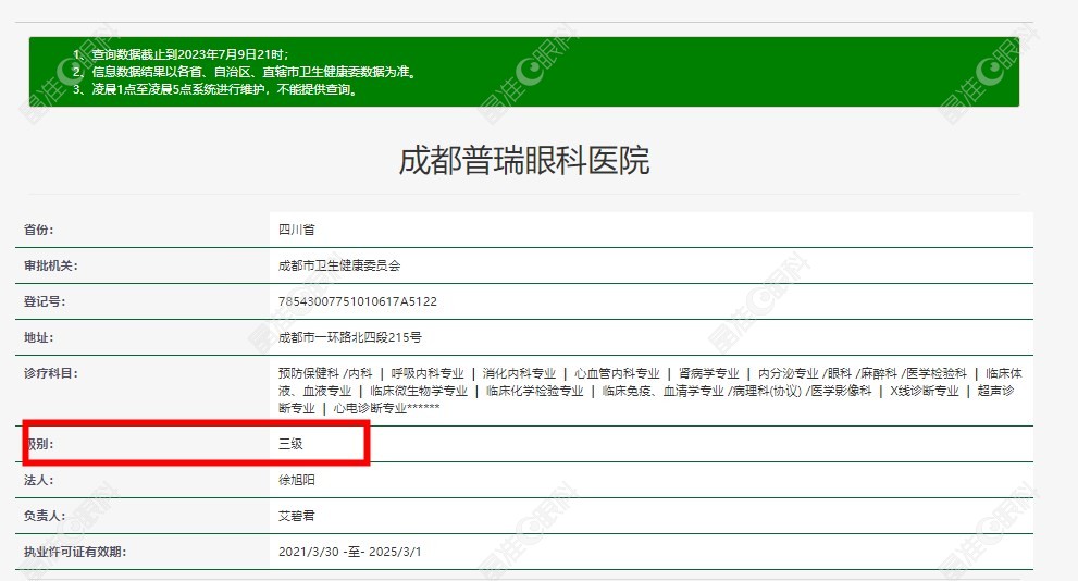 成都普瑞眼科医院是3级医院