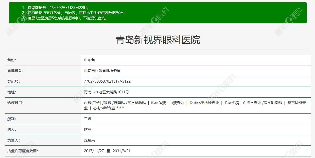 青岛新视界眼科医院级别资质