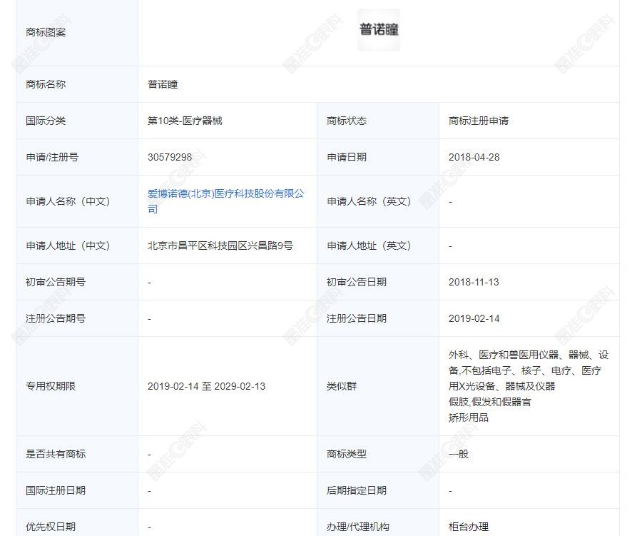 普诺瞳塑形镜经药监局审批登记的信息