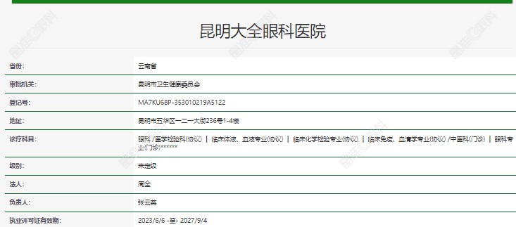  昆明大全眼科医院资质正规