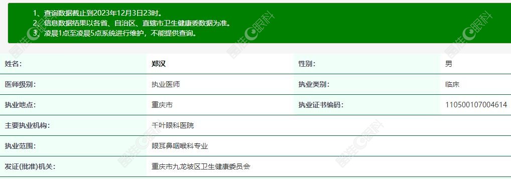 重庆千叶眼科医院郑汉医生资质