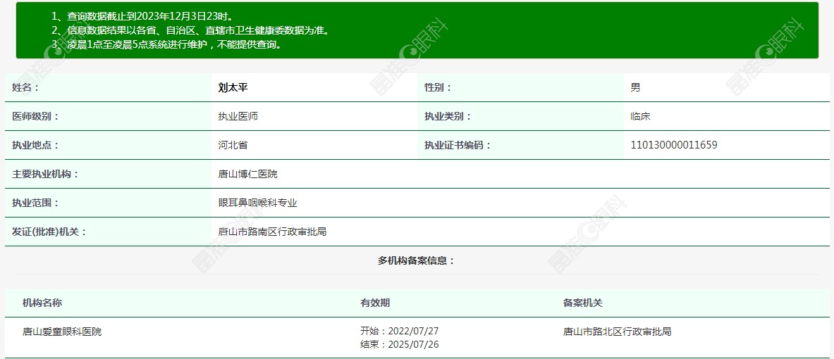 唐山爱童眼科医生刘太平资质