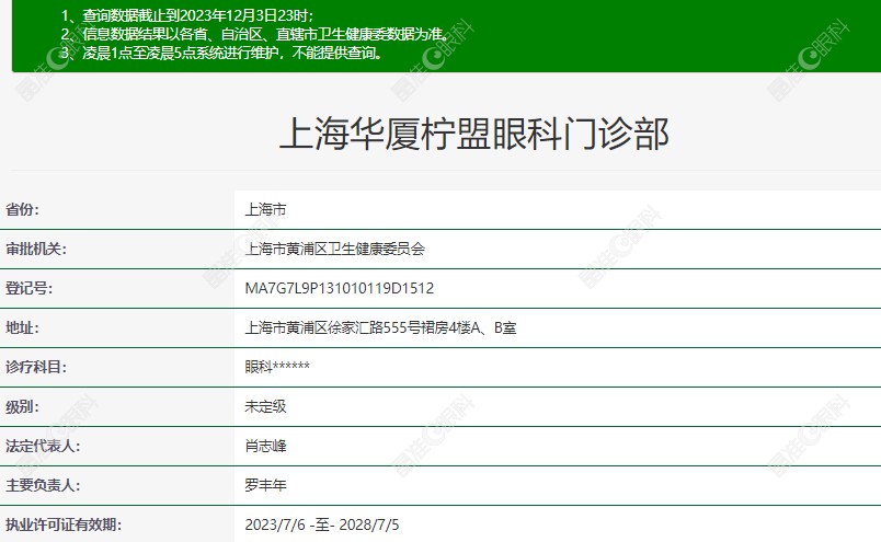 上海华厦柠盟眼科的卫健委资质