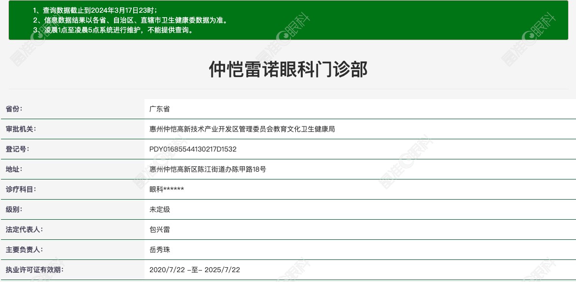 惠州仲恺雷诺眼科门诊部资质