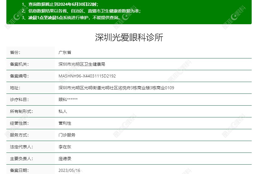 深圳光爱眼科诊所的卫健委资质